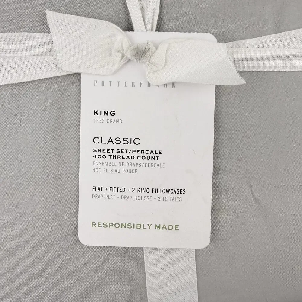 Pottery Barn Sheet Set KING Classic Gray Mist 400 Thread Count Organic Percale